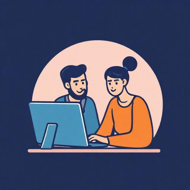 Two people sitting at a computer and looking at the laptop screen talking